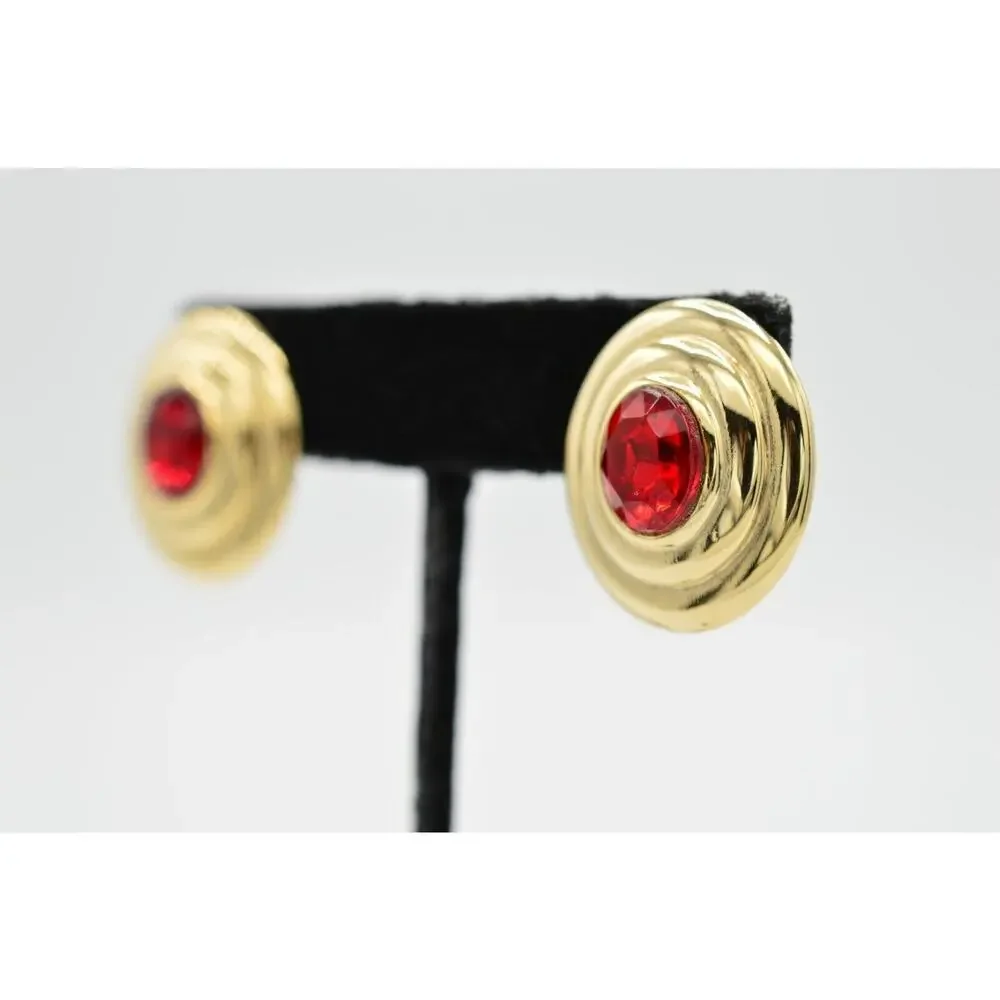 Vintage Crystal Clip Earrings Red Rhinestone Oval Gold Tone Shiny NOS 1980s 9L